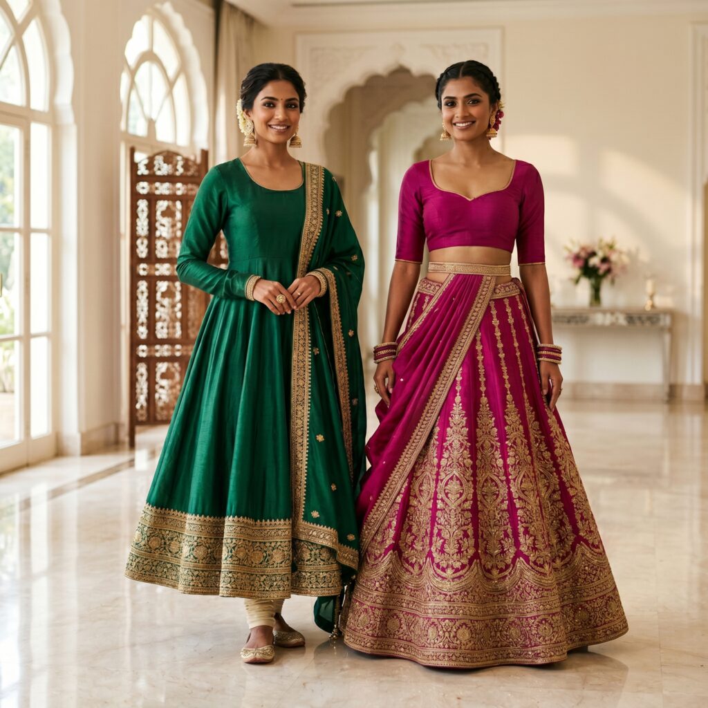 Indian ethnic wear for inverted triangle body shape — anarkali and lehenga