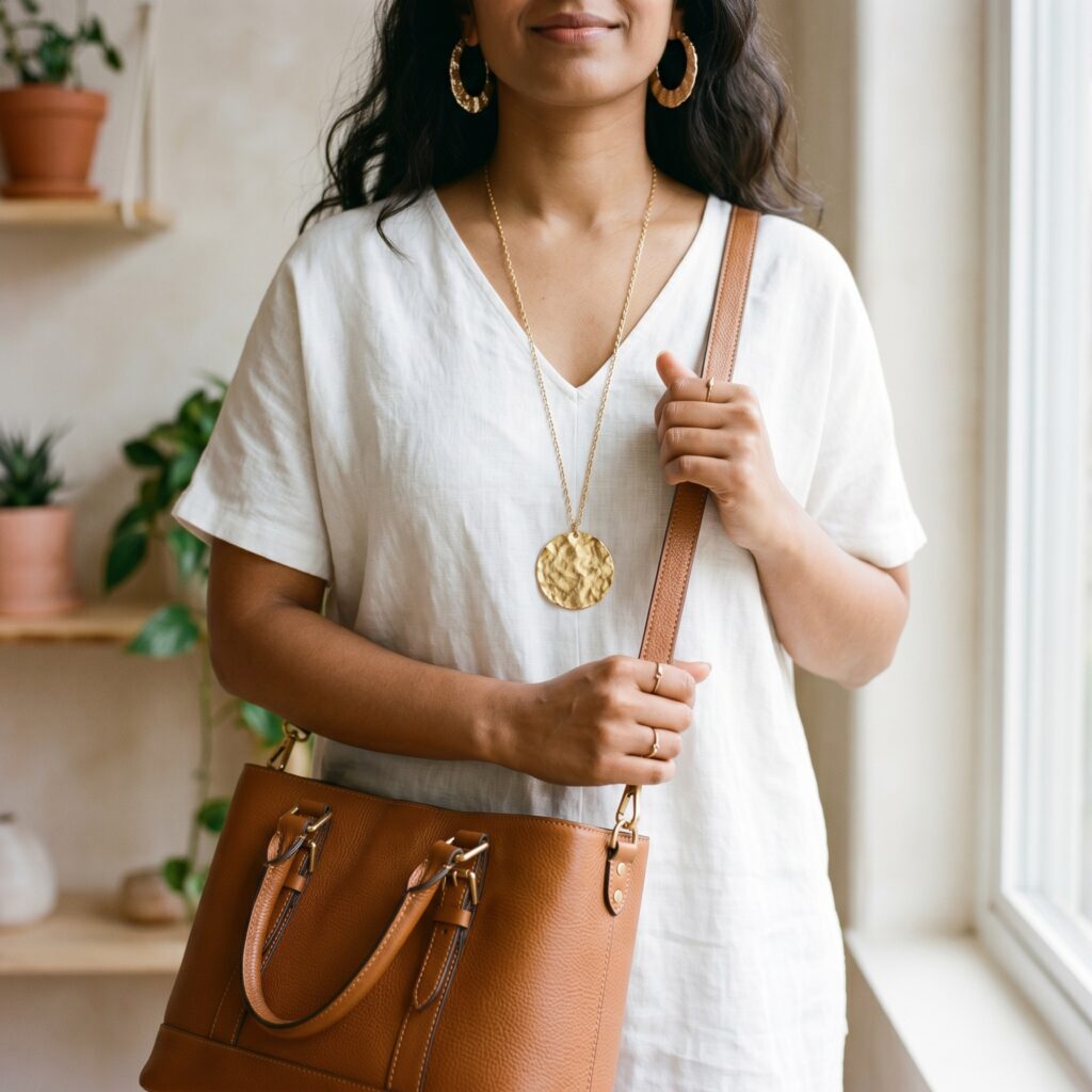 Accessories for apple body shape — long pendant necklace and structured bag
