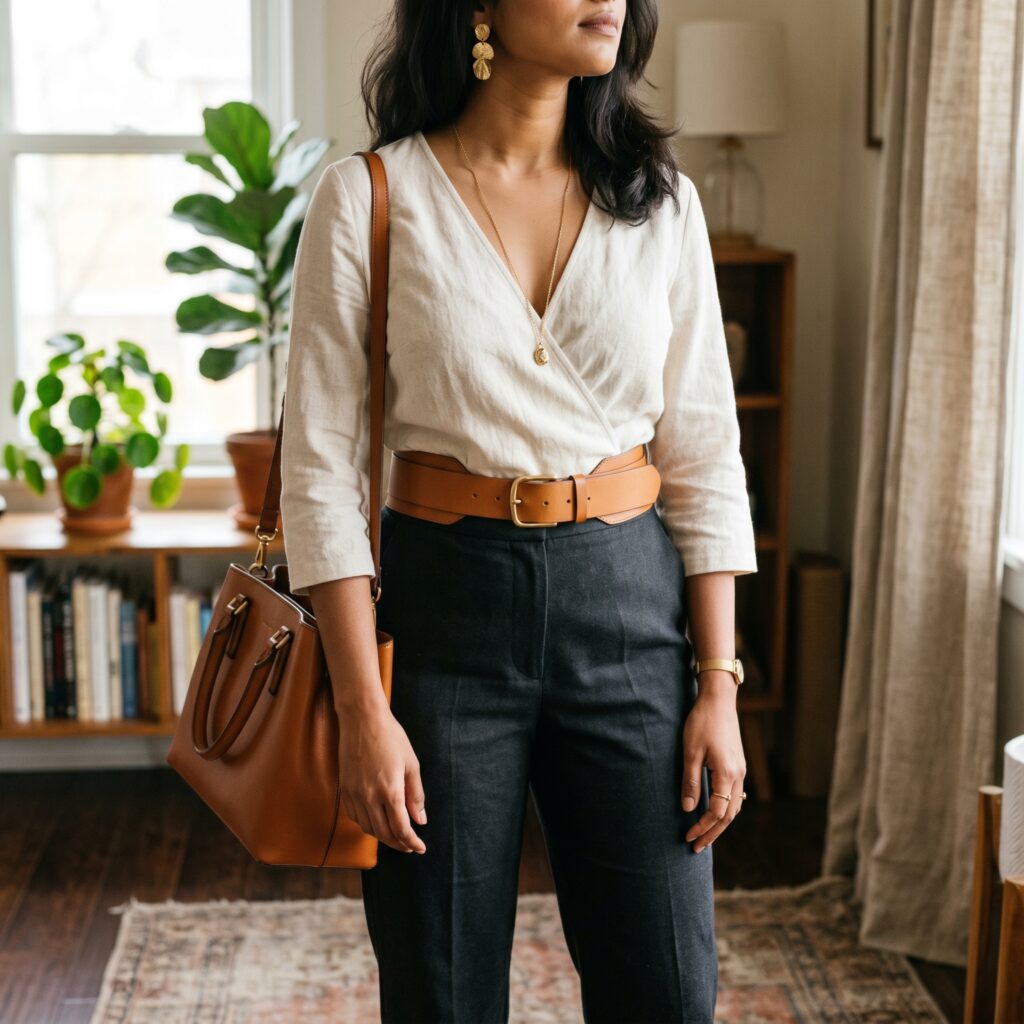 Long pendant necklace and wide belt accessories for inverted triangle body shape