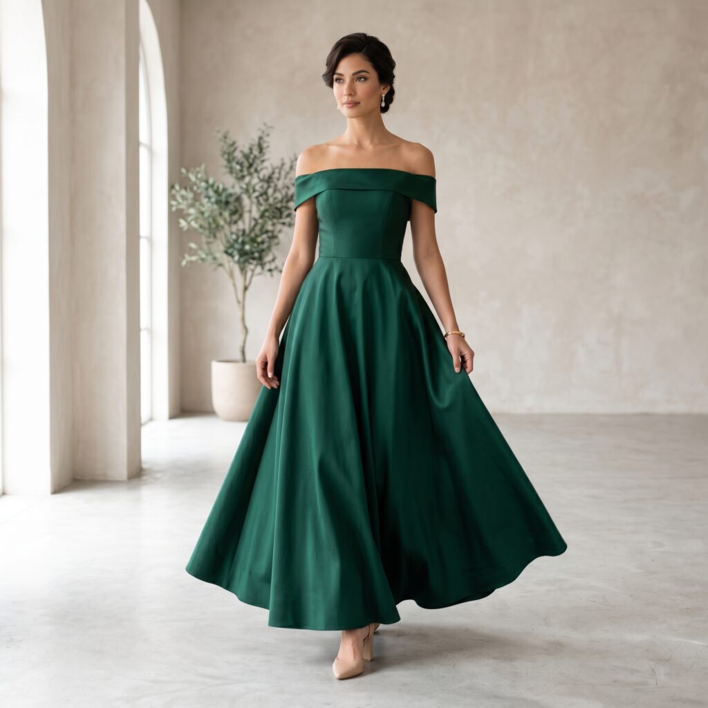 Off-shoulder gown with a full skirt. The exposed shoulders balance the hips; the full skirt flows without clinging.