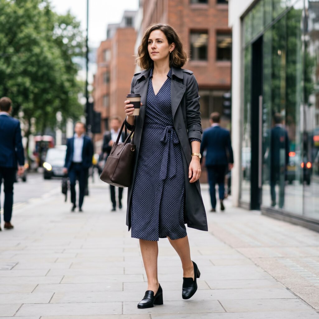 Wrap dress + block-heeled shoes. A wrap dress remains the single most reliable best dress style for pear shaped body in a professional context