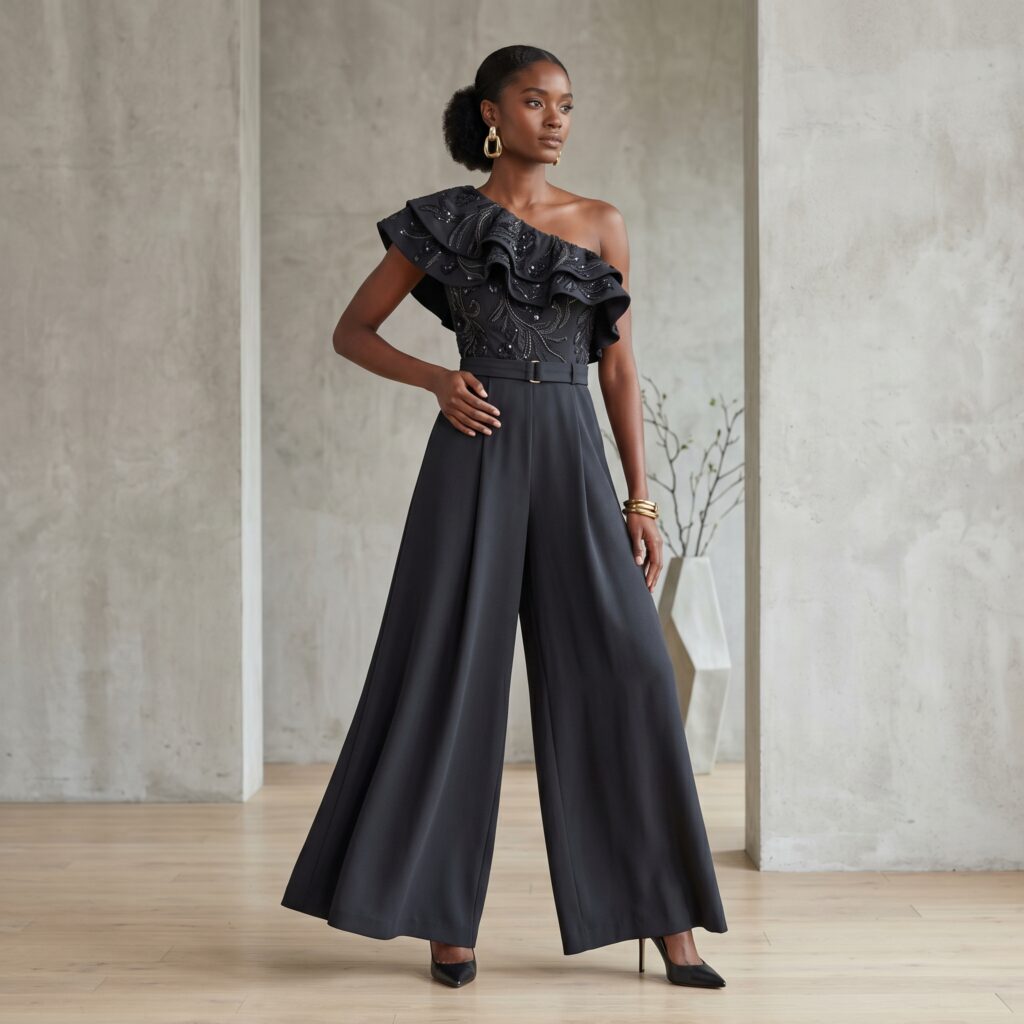 Wide-leg jumpsuit with a statement neckline or embellished top half.