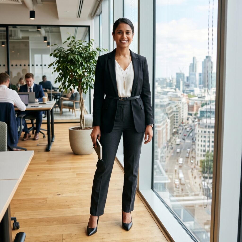 Office outfit for inverted triangle body shape — belted blazer and straight-leg trousers