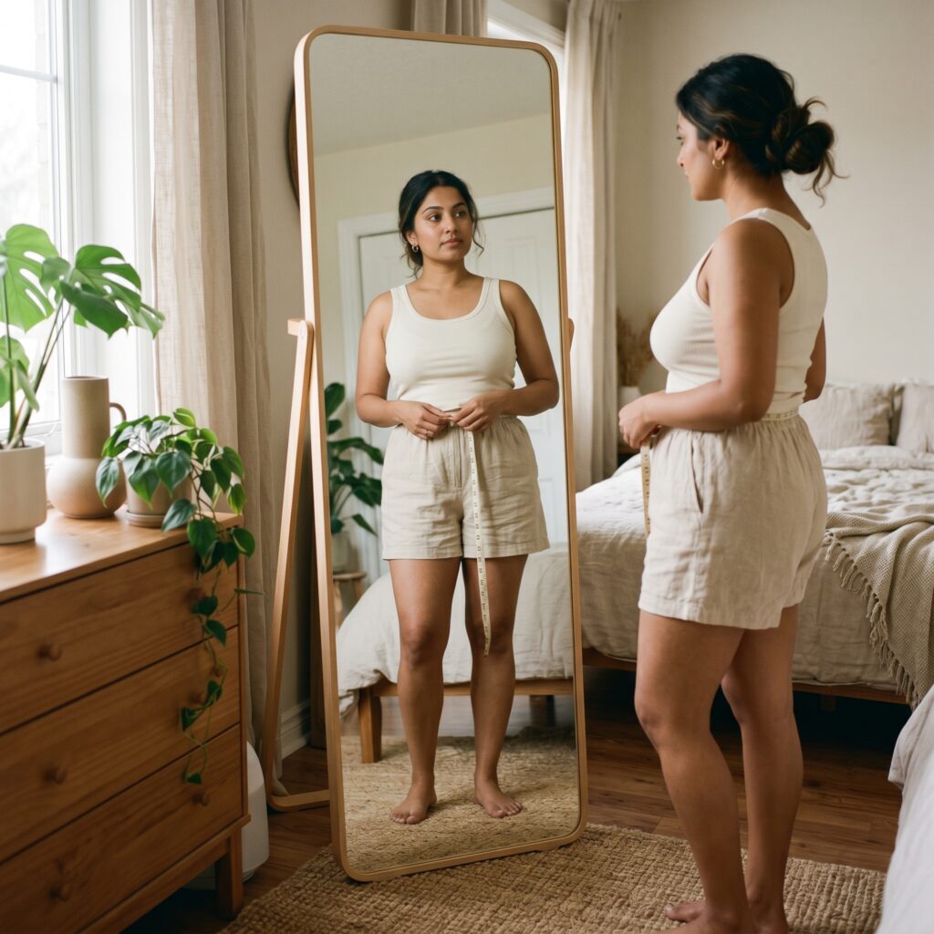 Woman measuring her waist with a tape measure at home
