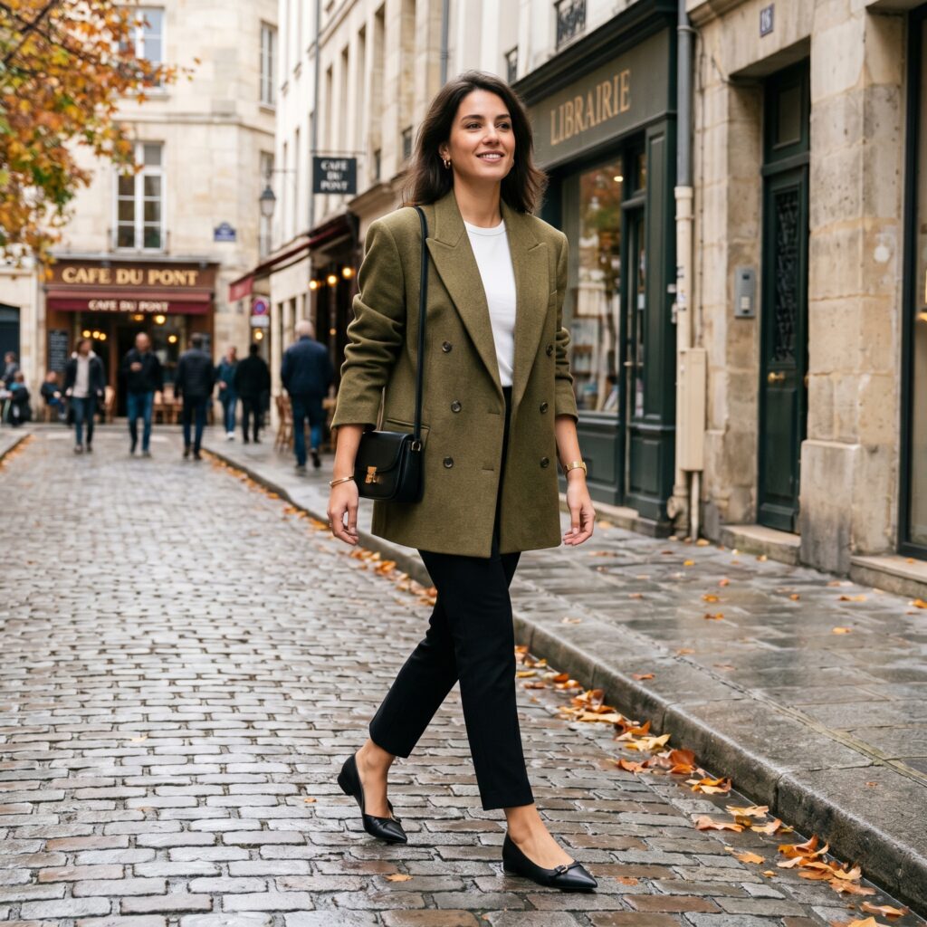 Oversized blazer + slim trousers + pointed flats. The blazer adds shoulder structure; slim trousers keep lines clean below