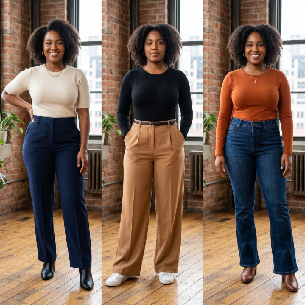 Pear-shaped woman modeling straight-leg trousers, wide-leg pants, and bootcut jeans with high-waisted fits