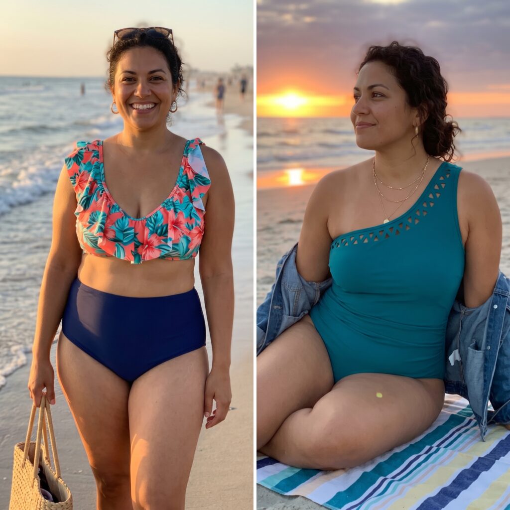 Pear-shaped woman in printed ruffle bikini top with solid bottoms and stylish one-piece swimsuit on the beach