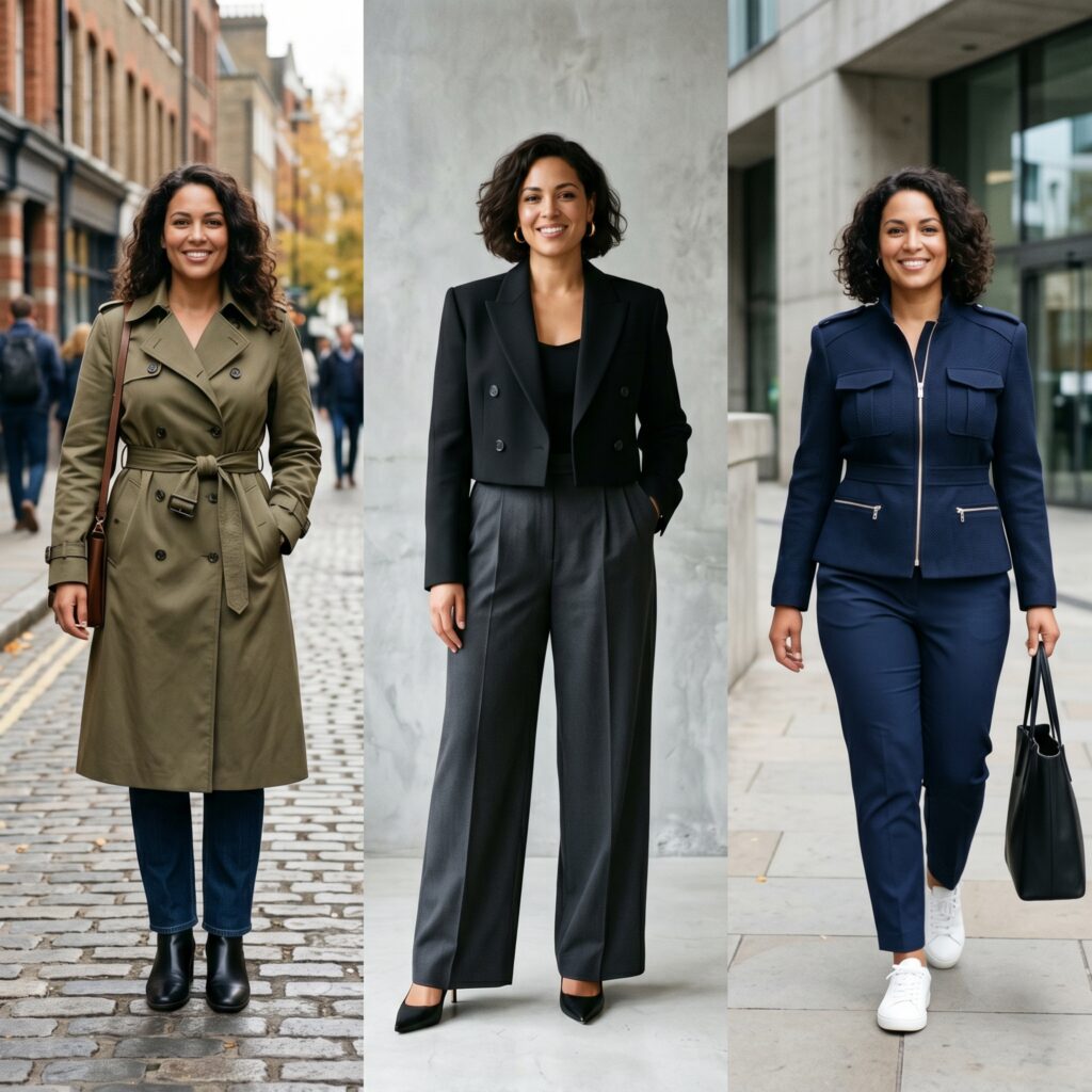 Pear-shaped woman in cropped blazer, belted trench coat, and shoulder-detailed jacket creating balanced silhouette