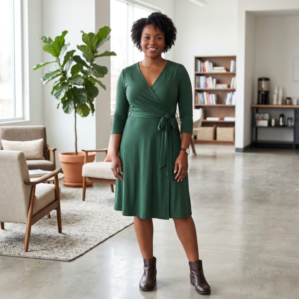 Woman with classic hourglass body shape wearing a belted wrap dress that accentuates her defined waist while maintaining balanced shoulder and hip proportions in a female body shape guide.