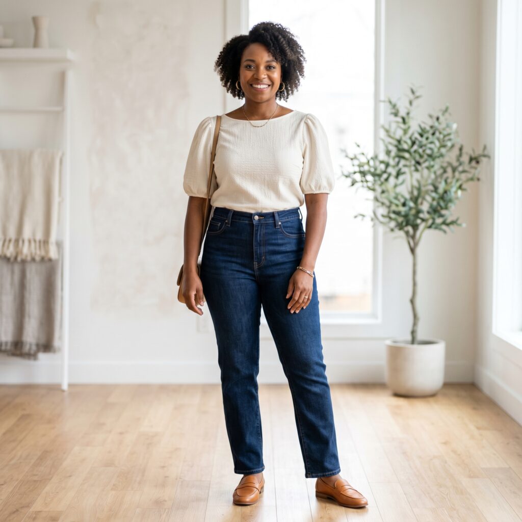 Woman with pear body shape wearing a boat-neck top with structured shoulders paired with clean-fitting trousers, demonstrating flattering and comfortable styling for wider hips and narrower upper body proportions.