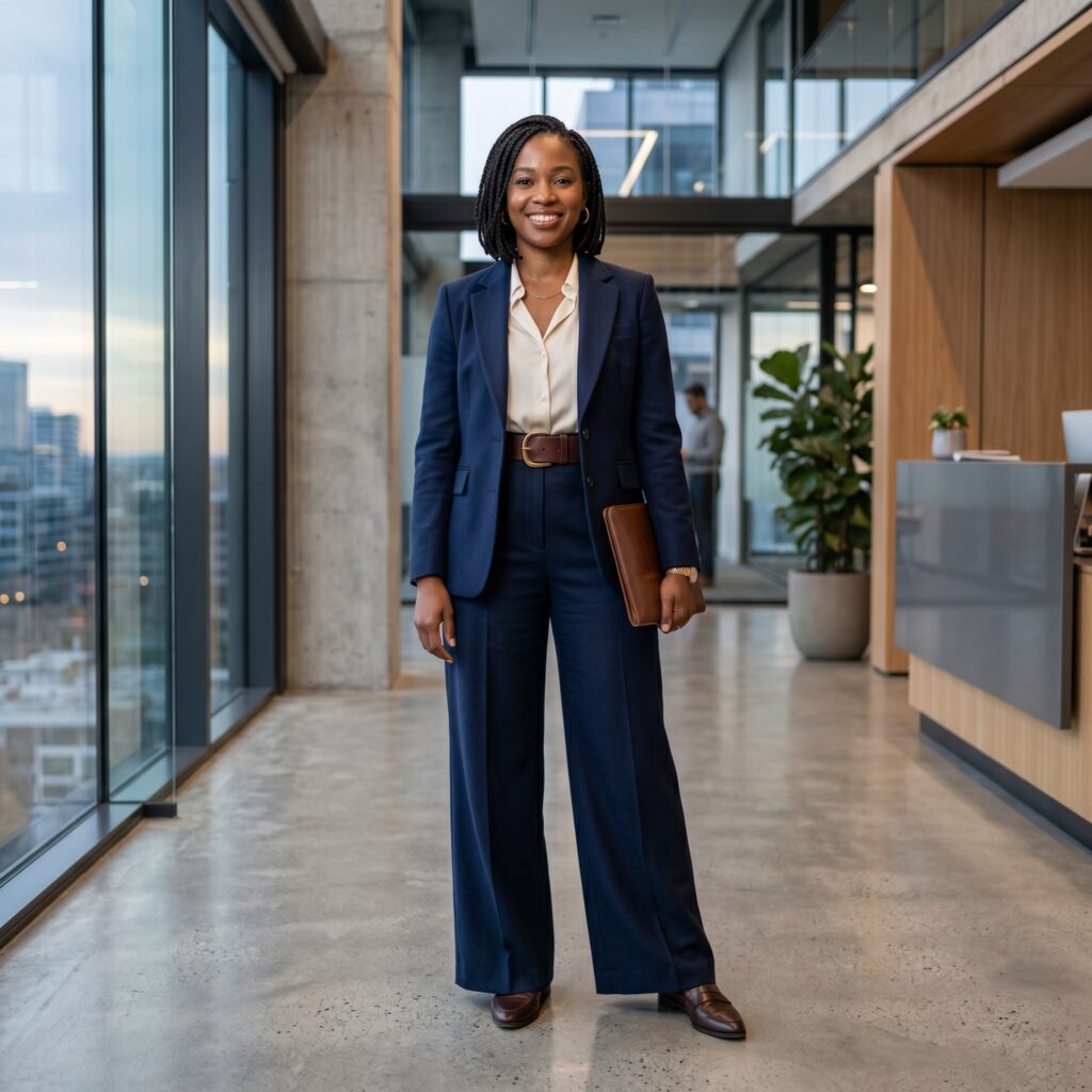Woman with rectangle body shape wearing a tailored blazer and wide-leg trousers that create visual definition at the waist while working with her straight, balanced shoulder-to-hip proportions.