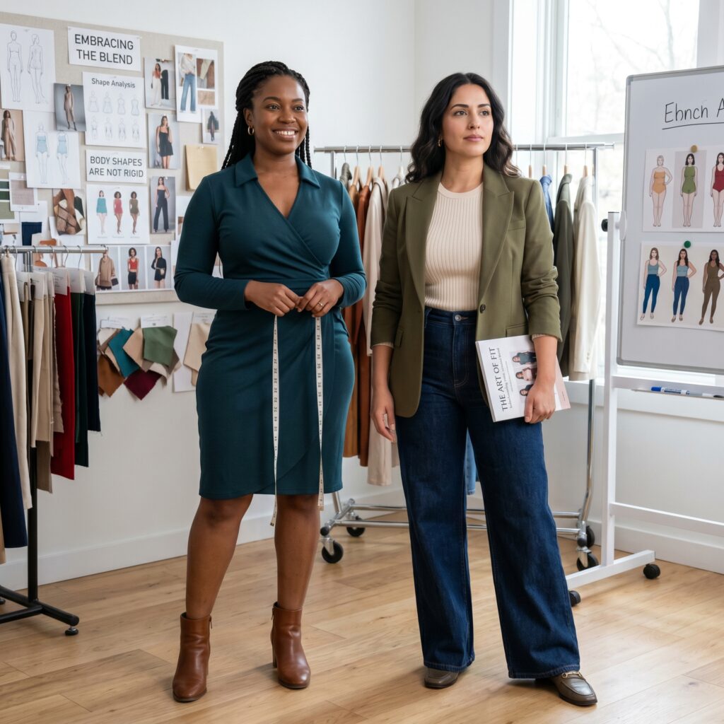 Woman whose body measurements fall between two shape categories wearing a combination of styling elements that work with her actual proportions, illustrating that most women have mixed or blended female body shapes.