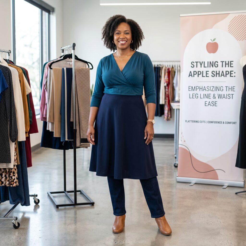 Woman with apple body shape wearing an empire-waist dress with a V-neckline that skims comfortably over the midsection while highlighting her proportionally slimmer legs in a body shape styling guide.