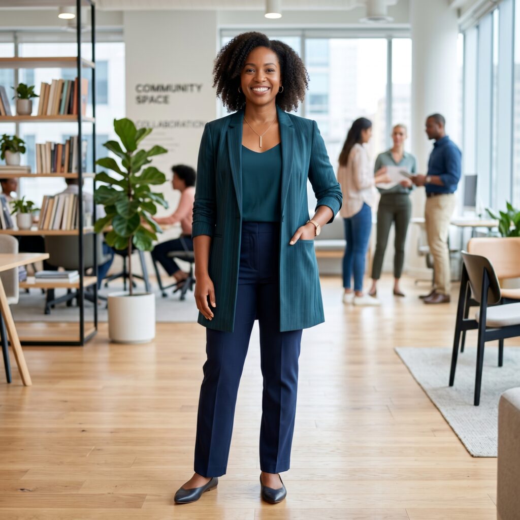Woman with diamond body shape wearing a longline blazer and straight-cut dress with vertical details that create a flattering vertical line while accommodating a wider midsection and narrower hips and shoulders.