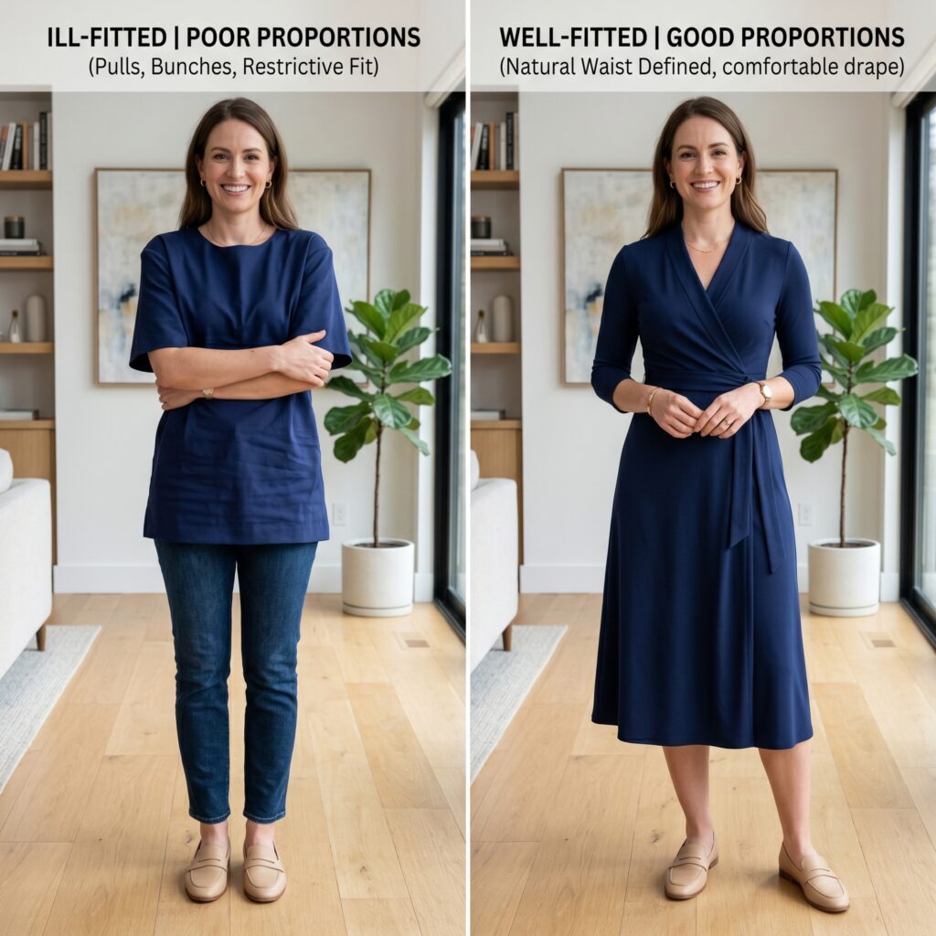 Woman wearing a well-fitted wrap-style outfit that follows her natural body proportions and sits comfortably without pulling or bunching, showing how understanding female body shape leads to better clothing fit and comfort.