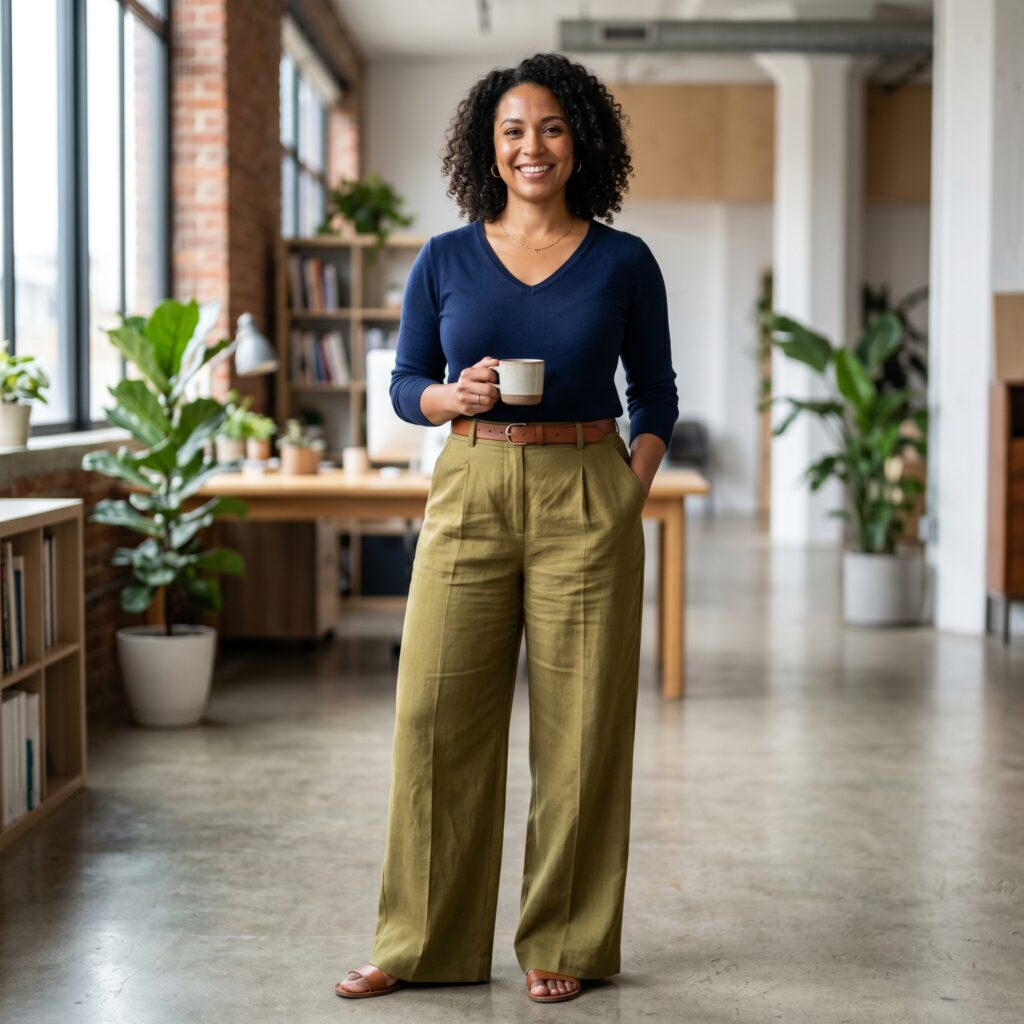 Woman with inverted triangle body shape wearing a V-neck top and wide-leg trousers that add balance to the lower body while softening broader shoulder proportions in a female body shape guide.