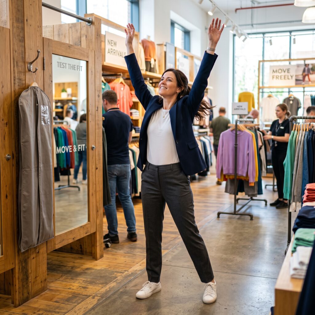 Woman in a clothing store actively testing the fit of trousers by sitting, raising her arms, and walking to check comfort and movement, demonstrating smart shopping techniques based on understanding female body shape.