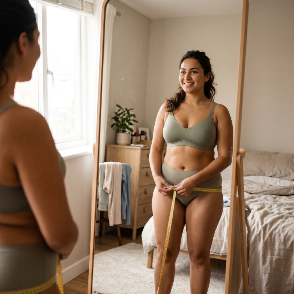 Woman with pear body shape measuring her hips with a tape measure in front of a mirror, wearing neutral lingerie