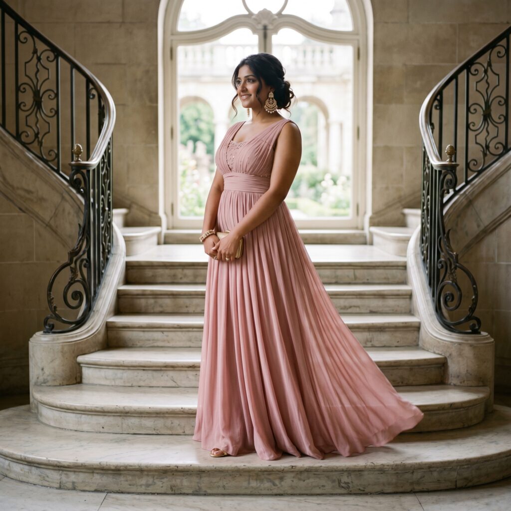 Chiffon empire waist maxi dress on apple body shape for formal occasion