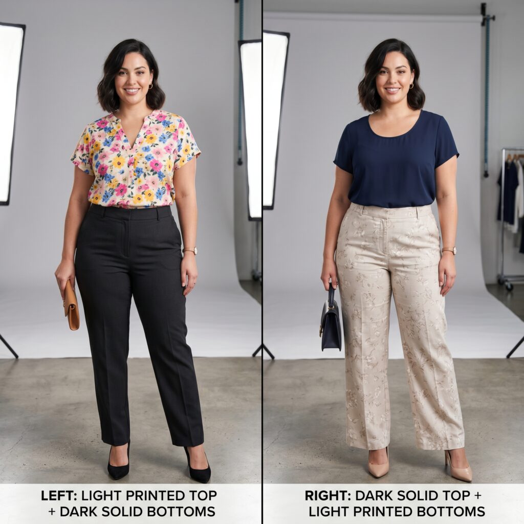 Split image showing light printed top with dark bottoms vs reverse on pear-shaped woman for visual balance