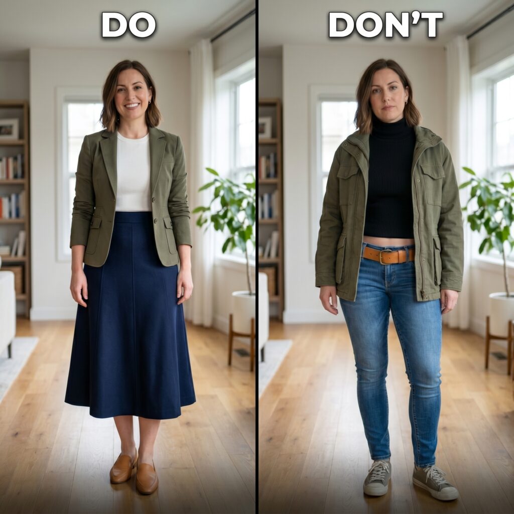 Do vs don’t comparison: flattering balanced outfit versus unflattering low-rise jeans, tight pencil skirt, and hip-length jacket on pear-shaped woman