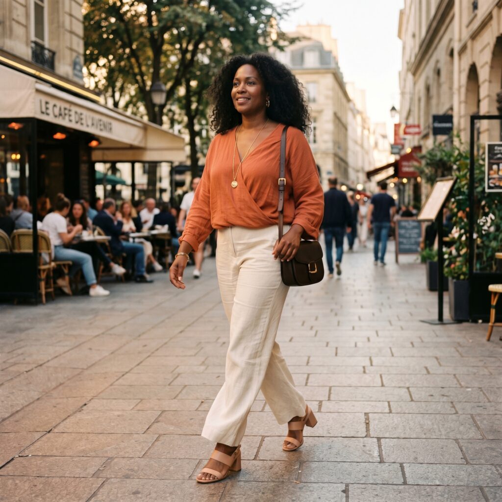 Stylish woman with apple body shape wearing a wrap blouse and wide-leg trousers
