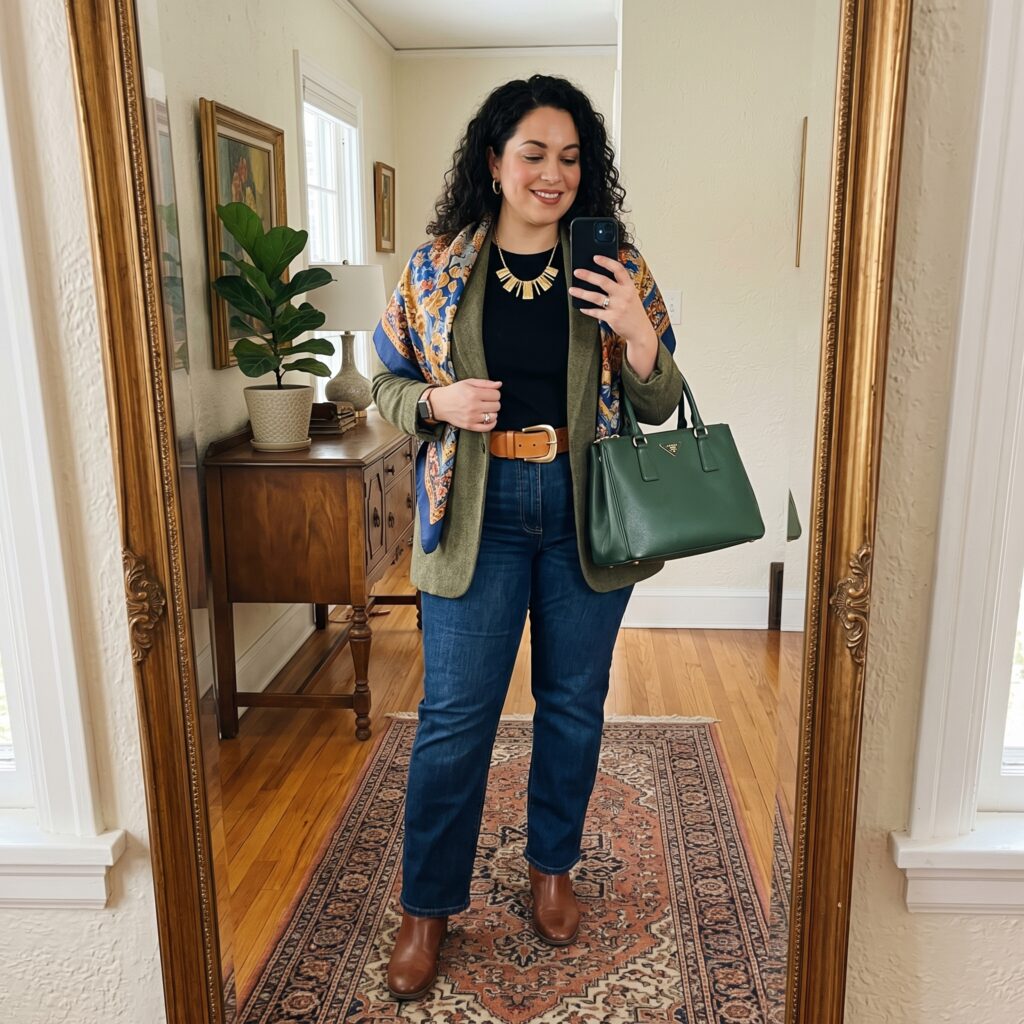 Pear-shaped woman wearing statement necklace, shoulder scarf, structured handbag, and waist belt over simple outfit