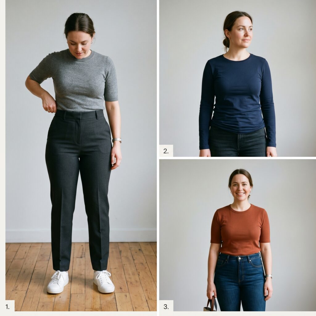 Three-panel collage showing common pear body shape traits: trousers gaping at waist, tops fitting shoulders but not hips, and lower-body weight distribution