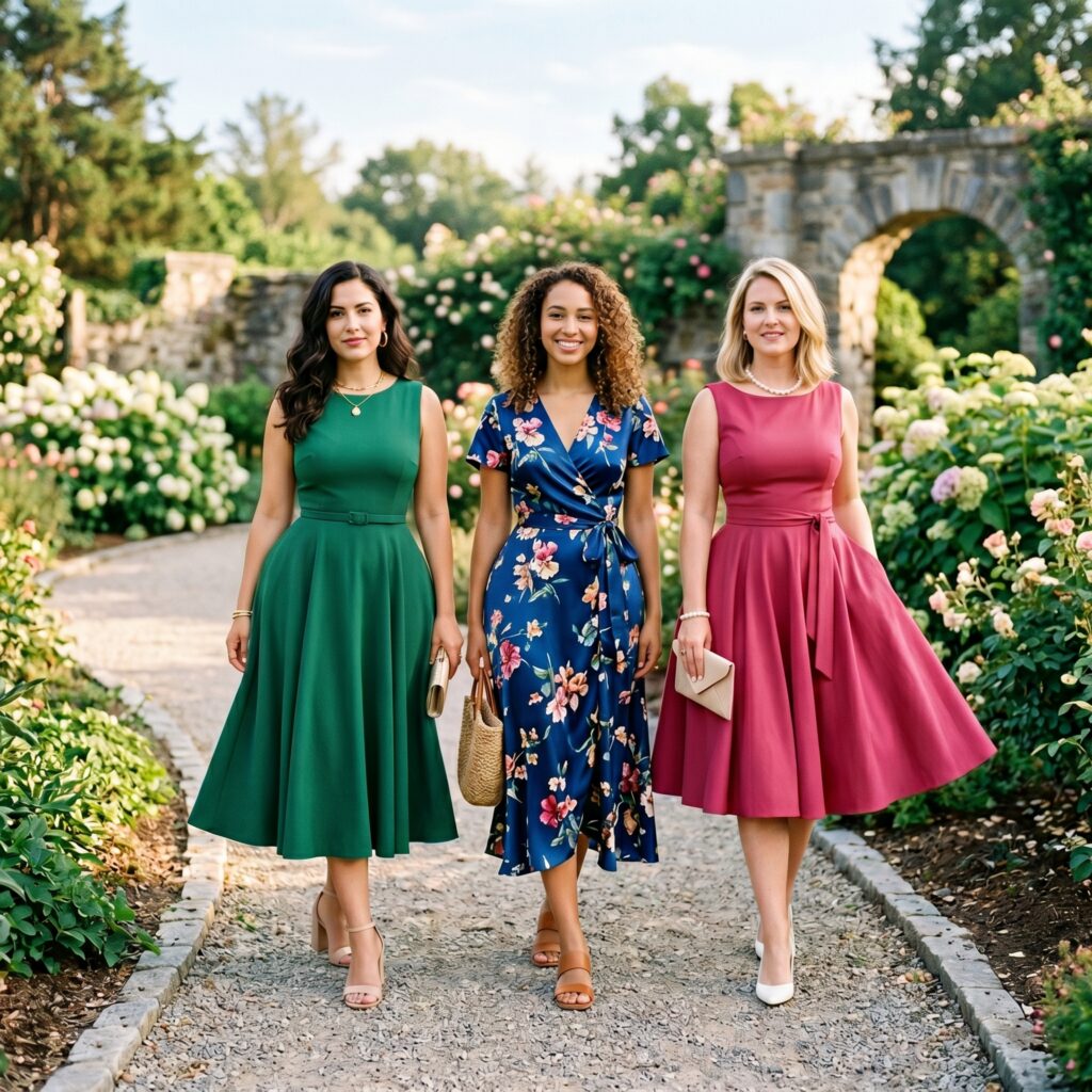 Pear-shaped women wearing A-line, wrap, and fit-and-flare dresses that skim hips and define waist