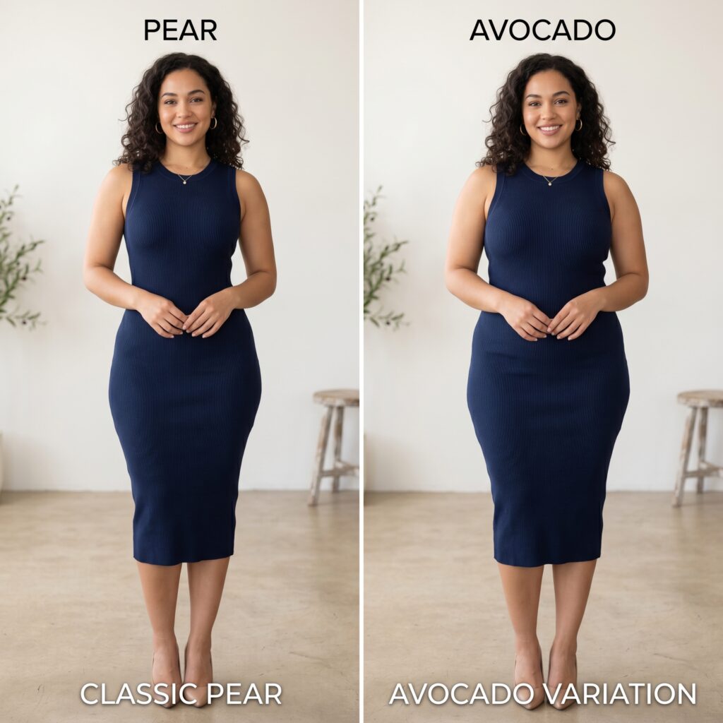 Side-by-side comparison of classic pear vs avocado body shape on the same woman wearing a fitted dress