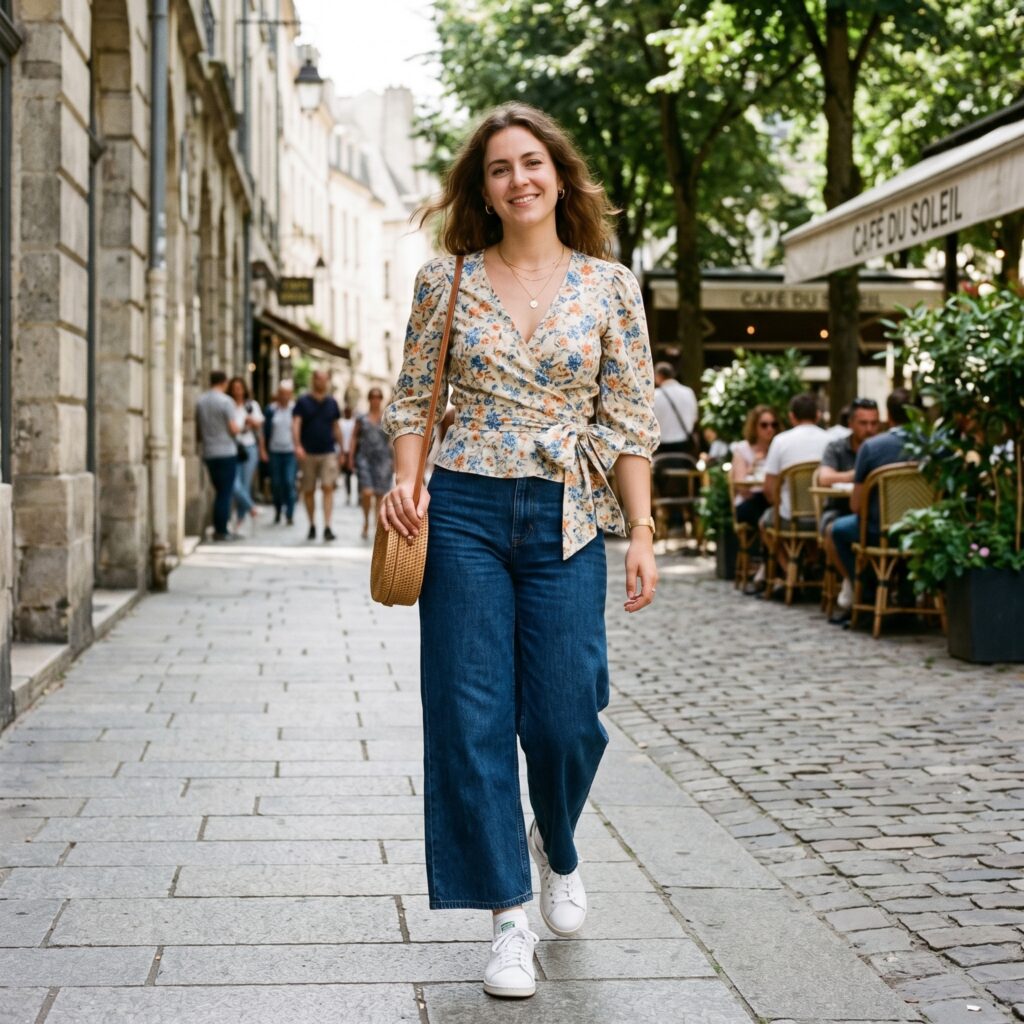 Wide leg jeans wrap blouse 202606080644