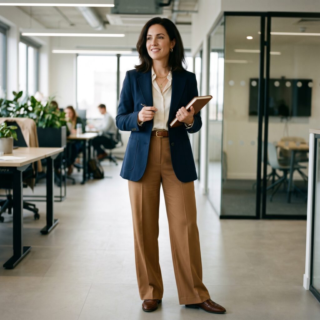 Structured blazer + tailored wide-leg trousers + a tucked blouse. Classic, polished, works at every level of office formality.