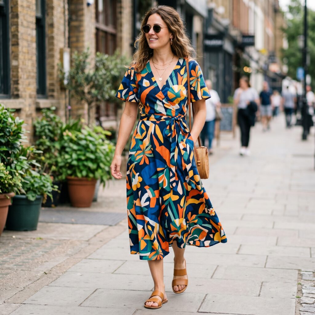 Wrap midi dress in a bold print + flat sandals. One piece does all the work.